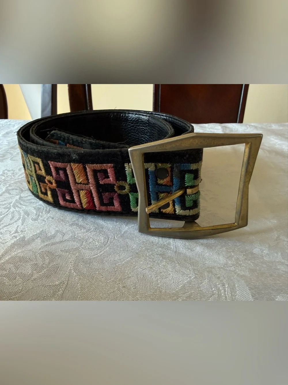 Embroidered Multicolor Belt with Brass Buckle